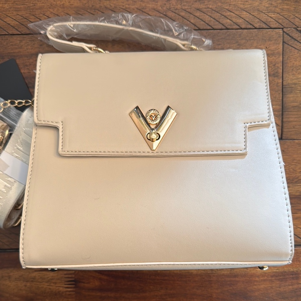Valentino Orlandi Elegant Taupe/Cream Handbag with Gold Accents